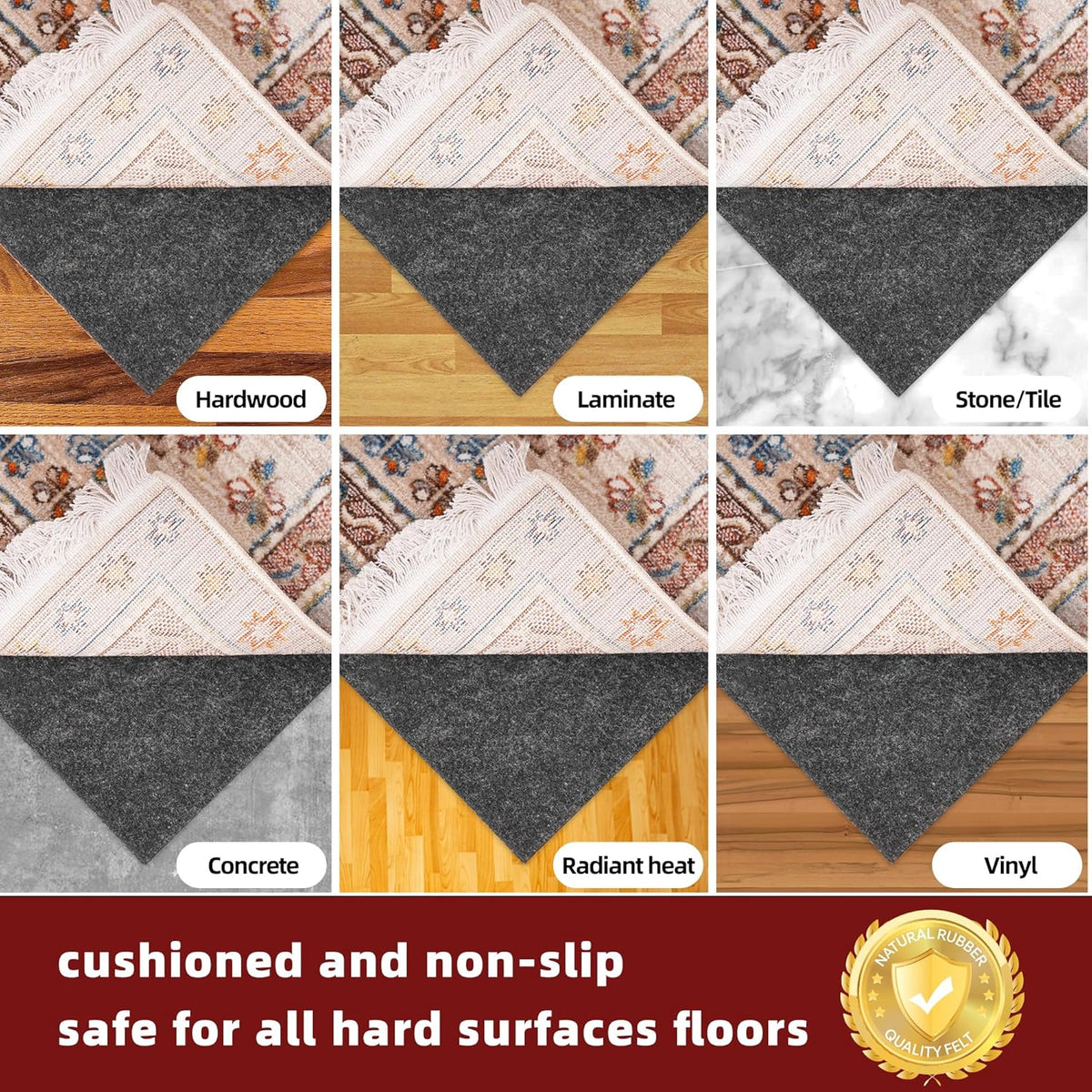BAGAIL Felt and Natural Rubber Backing Rug Pads 1/4” Thick, 8 x 10 Ft Non Slip Carpet Gripper Keep