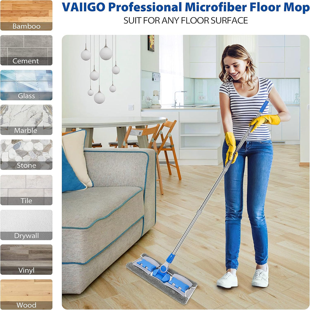 Professional Microfiber Hardwood Floor Mop, Flat Mops with 5 Pieces Reusable Washable Pads for Home