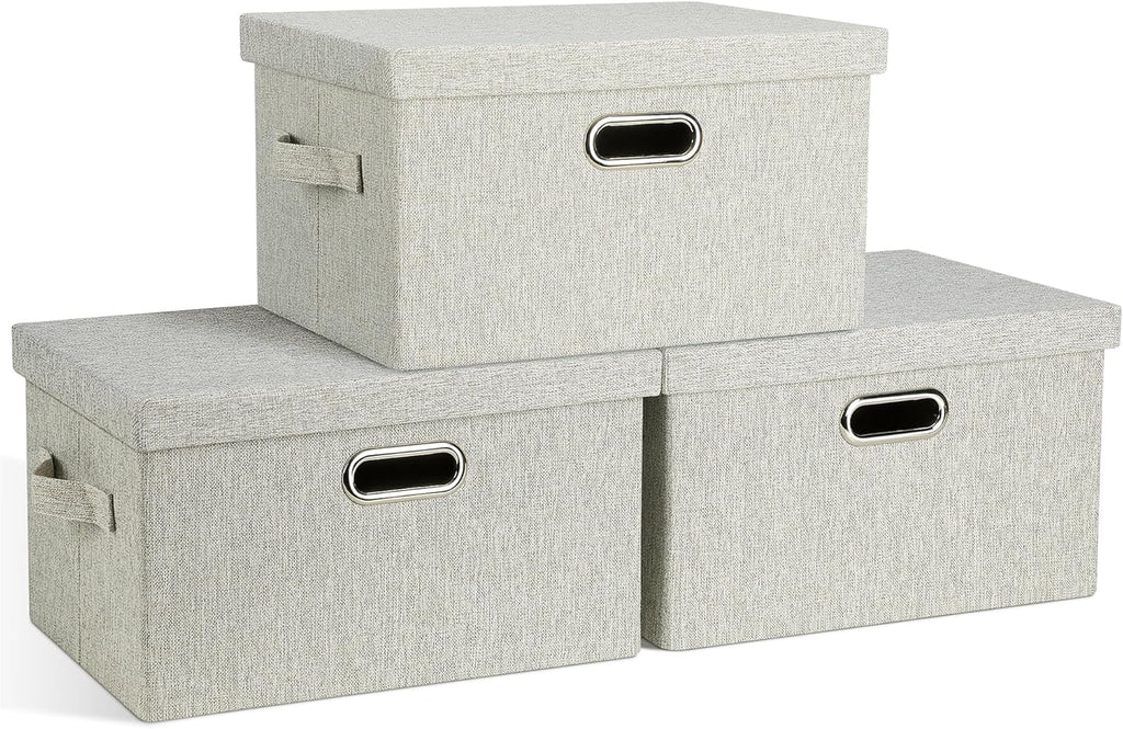 Medium 15" 21 Quart Collapsible Stackable Storage Bins with Lids, 3 Packs Beige Foldable Fabric
