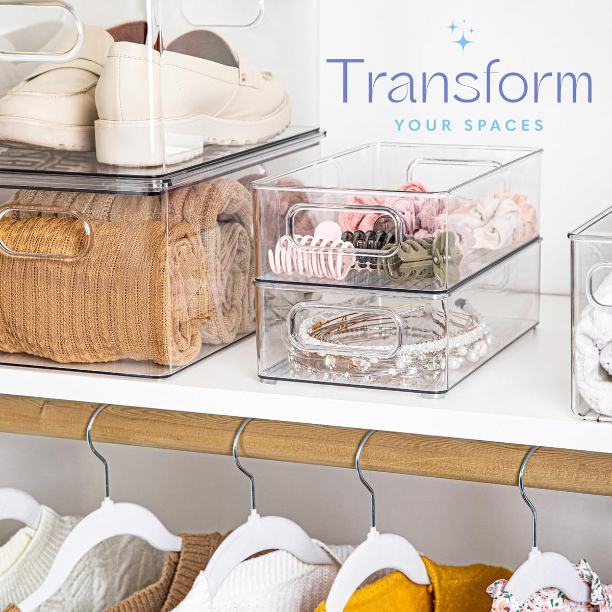 Plastic Food Storage 4 Pack Clear Container Bin with Handles for Organizing Kitchen, Pantry