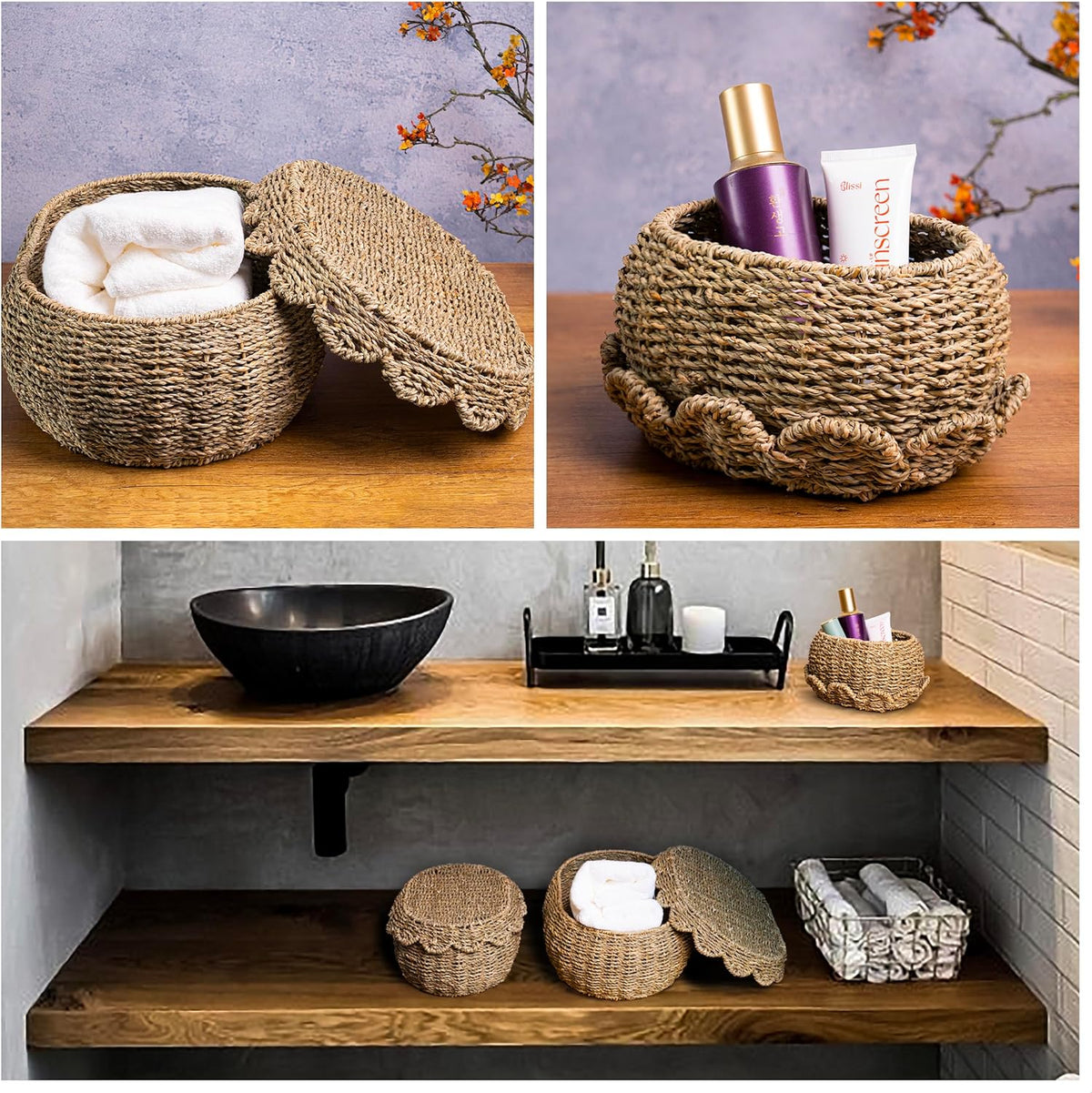 KOLWOVEN Set of 3 Wicker Storage Baskets with Lid - Decorative Handwoven Rattan Baskets for