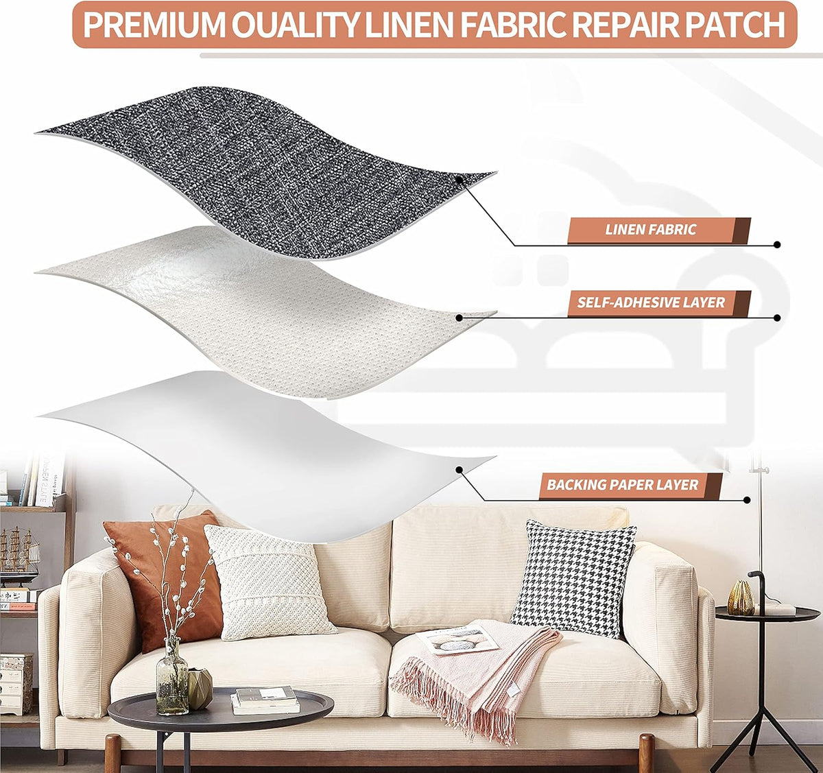 KING MOUNTAIN Fine Linen Fabric Patches, Self-Adhesive, 12x40 inch, Multi Color, For Linen Sofa and