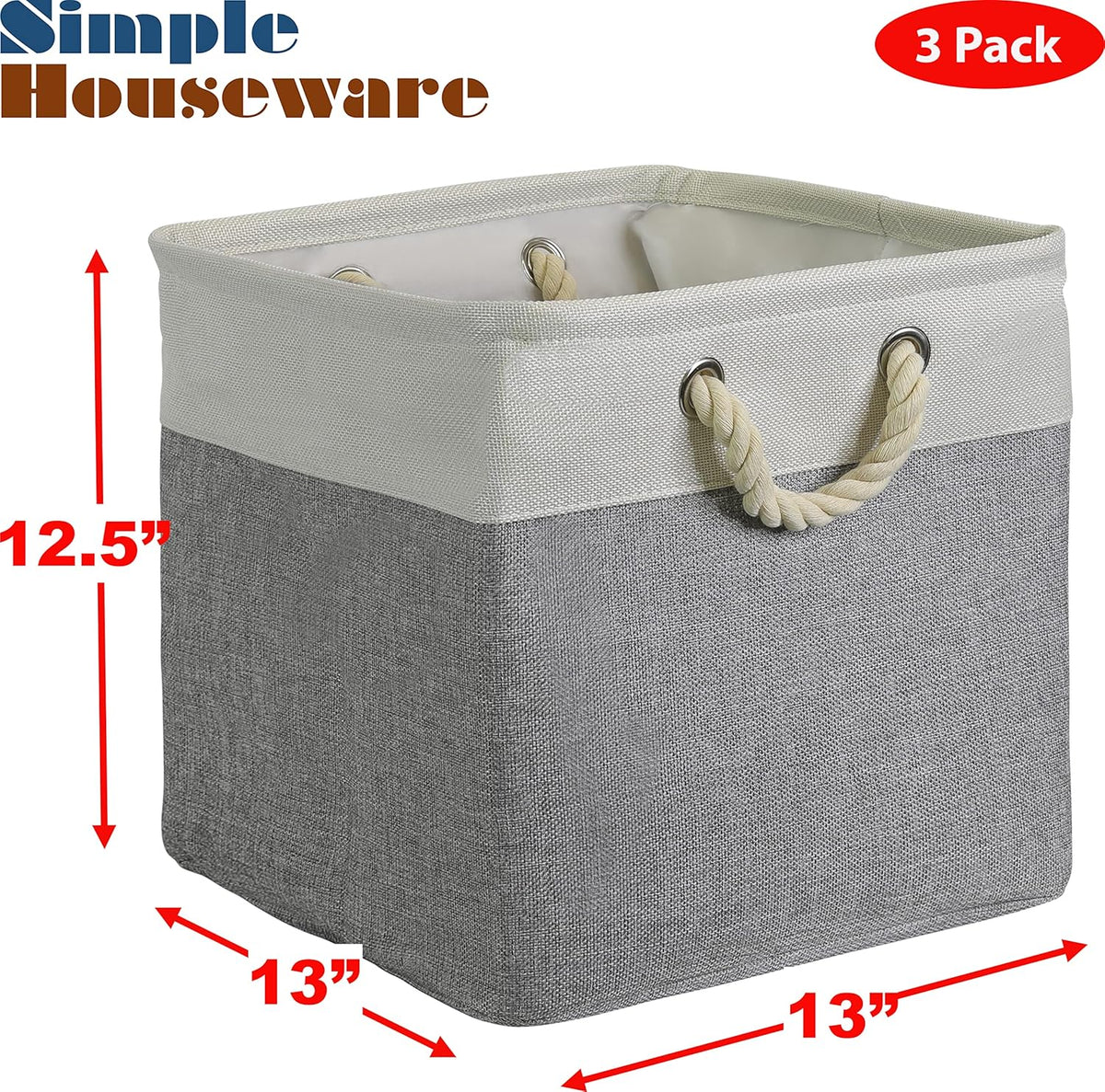 SIMPLE HOUSEWARE Fabric Storage Cubes, 13" x 13" Storage Bin, 3 Pack, Gray