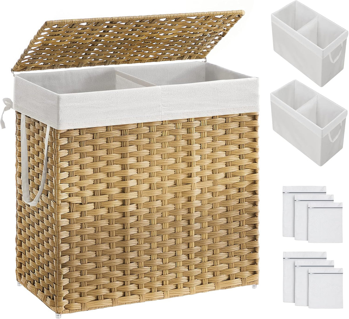 SONGMICS Laundry Hamper with Lid, 130L Clothes Hamper with 2 Removable Liner Bags, 6 Mesh Bags