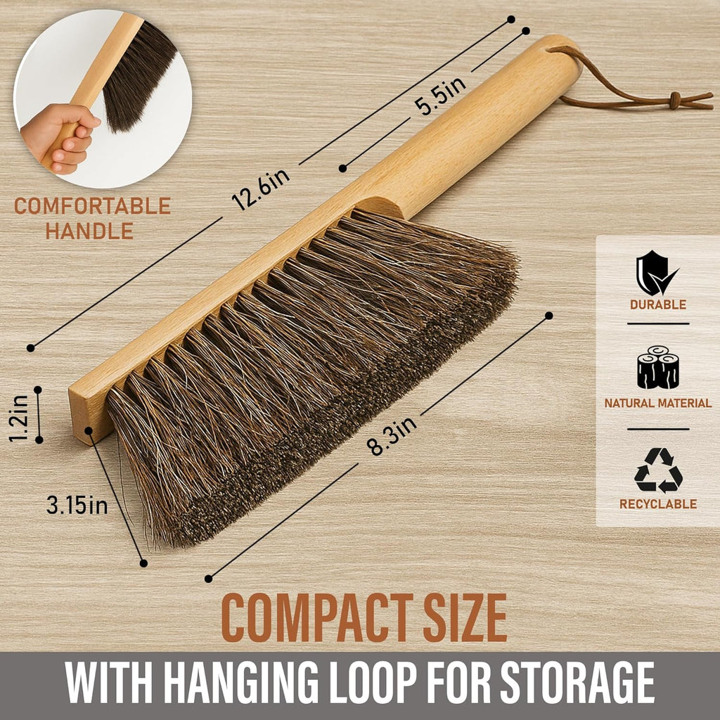 Takavu Multi-Purpose Counter Brush with Solid Wood Handle, Natural Horsehair Bristles for Gentle