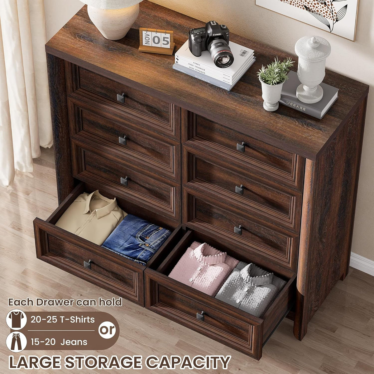 Farmhouse 8 Drawer Dresser for Bedroom, 41" Tall Wood Chest of Drawers, 43.3" Wide Dresser TV
