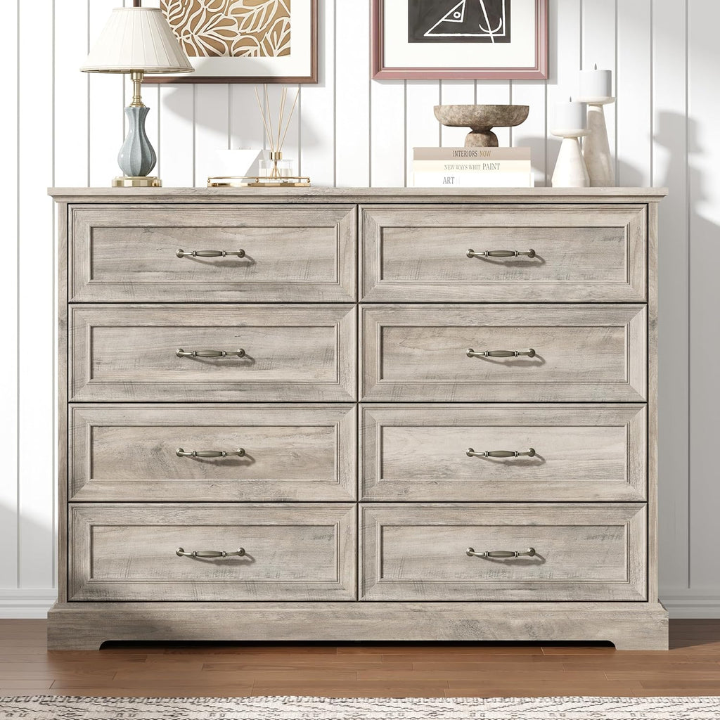 8 Drawer Dresser for Bedroom, 47" Wide Wooden Chest of Drawers, Rustic Farmhouse Dresser with Large