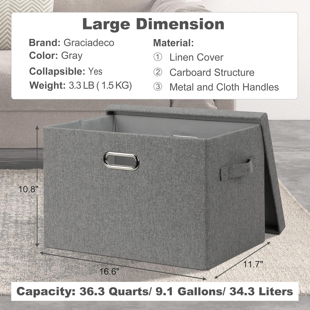 Large 17" 36 Quart Collapsible Stackable Storage Bins with Lids, 5 Packs Gray Foldable Fabric