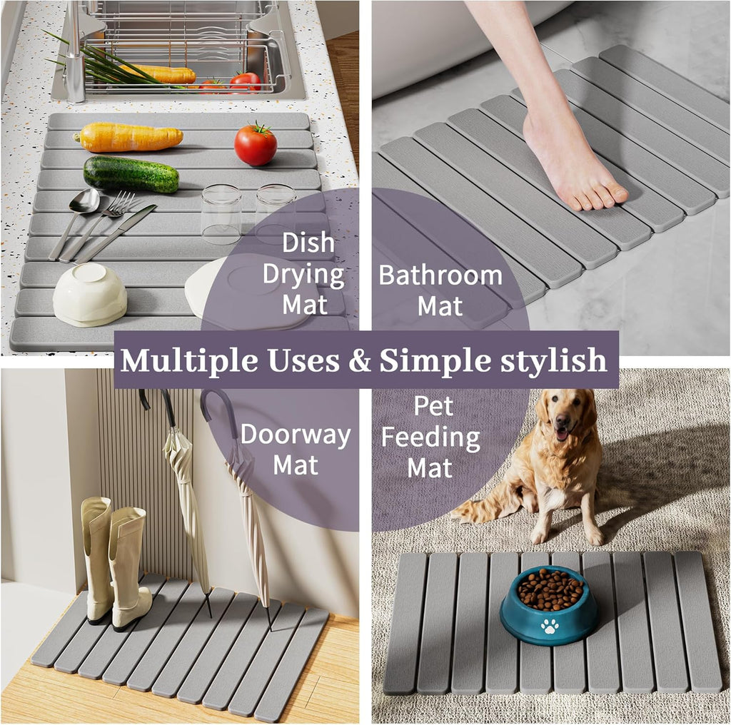 Large Stone Dish Drying Mats for Kitchen Counter – Foldable Quick Dry Stone Mat with Non-Slip Pad &
