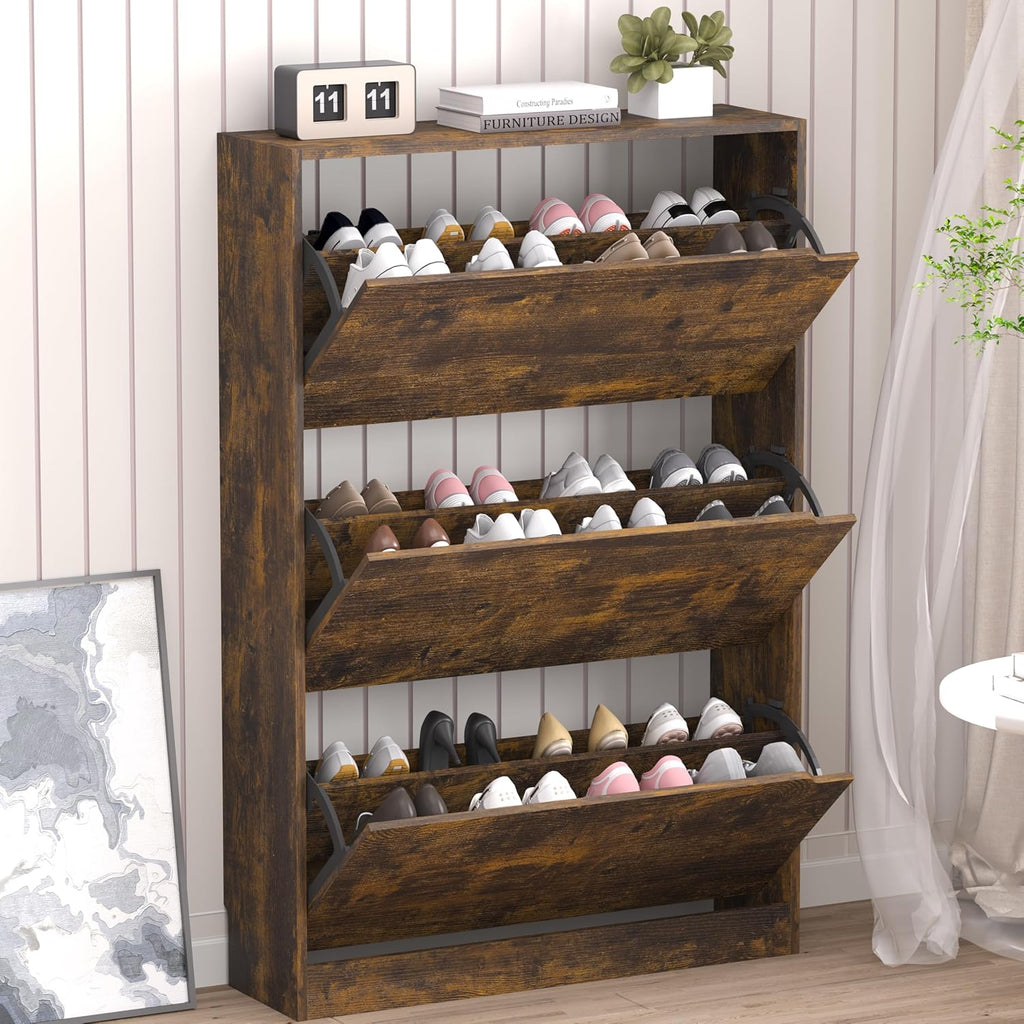 Shoe Cabinet with 3 Flip Drawers, Hidden Wood Shoe Cabinet,Freestanding Shoe Storage Cabinet for