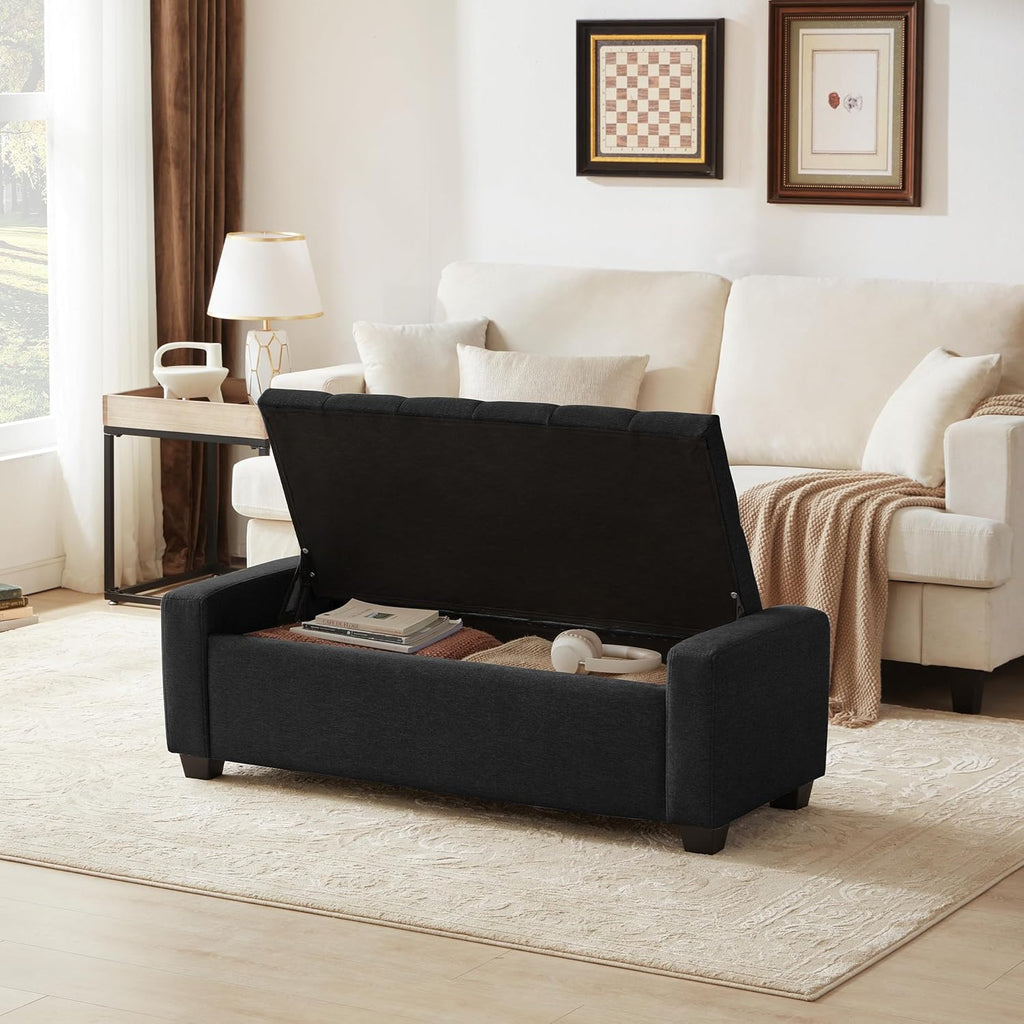 48" Ottoman with Storage, Black Storage Ottoman Bench with Safety Hinge, Upholstered Entryway Bench