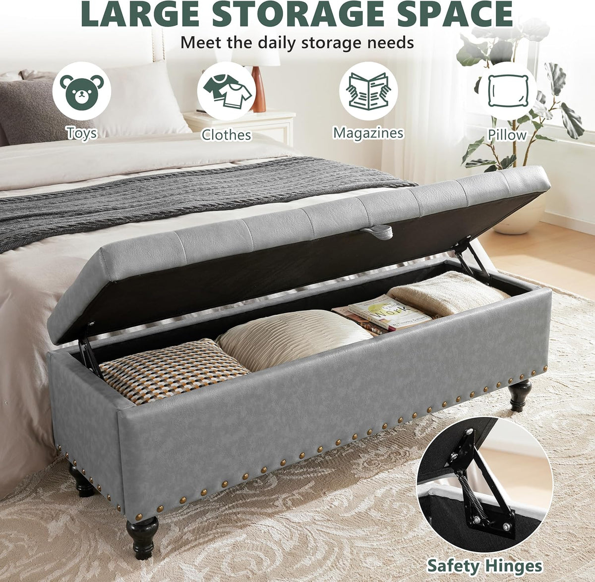 51.8’’ Storage Ottoman Bench, Faux Leather Ottoman with Storages, Window Benches Holds up to