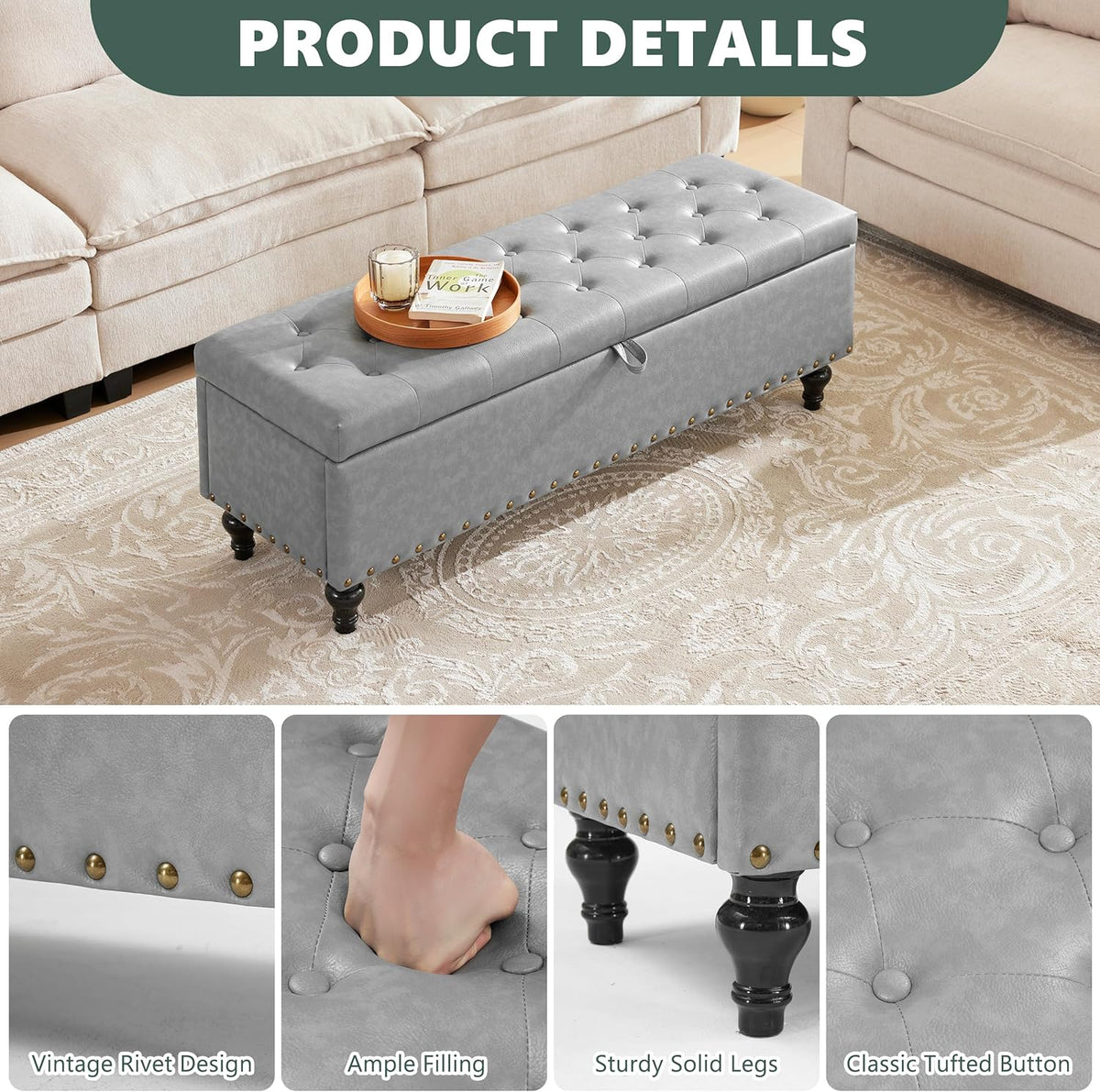 51.8’’ Storage Ottoman Bench, Faux Leather Ottoman with Storages, Window Benches Holds up to