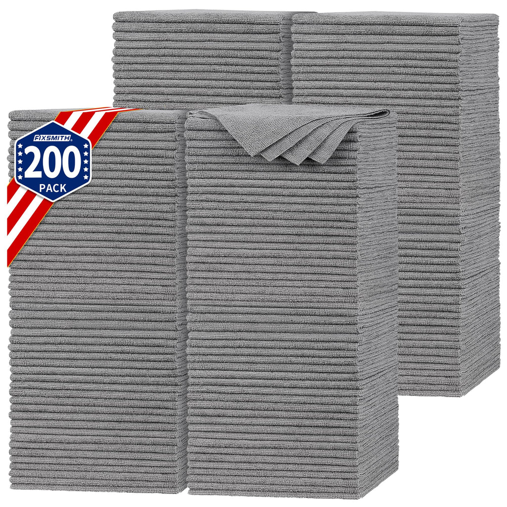 FIXSMITH Shop Towels, Pack of 200, Grey Microfiber Cleaning Cloth Bulk, Microfiber Towels for Cars